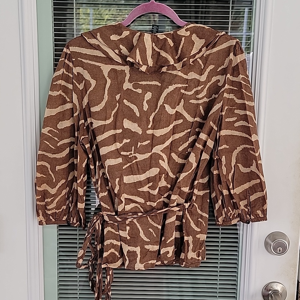 Lauren Ralph Lauren Brown and Tan Zebra Print Wrap Blouse Cotton Sz L - Picture 4 of 11
